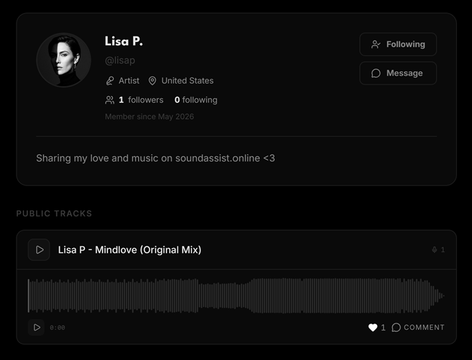 A SoundAssist artist profile: avatar, name, country, follower stats, bio, plus a list of public tracks with waveforms that visitors can play, like and comment on.